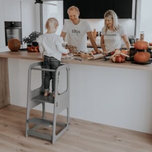 Transformuojamas Montessori mokymosi bokštelis virtuvėje