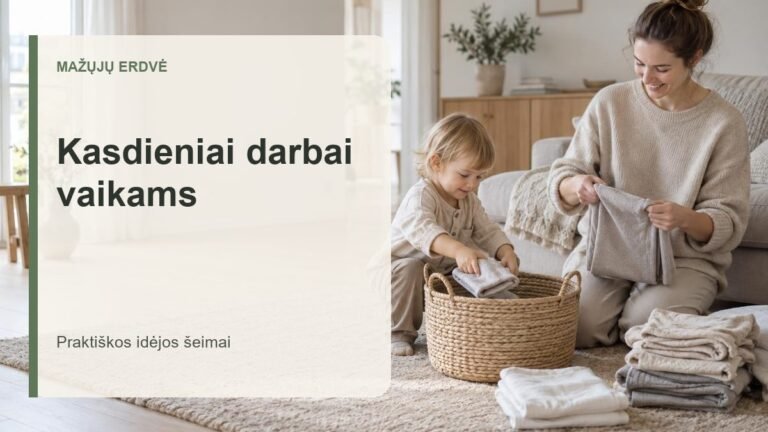 Mama ir mažas vaikas kartu rūšiuoja ir lanksto skalbinius šviesiame kambaryje