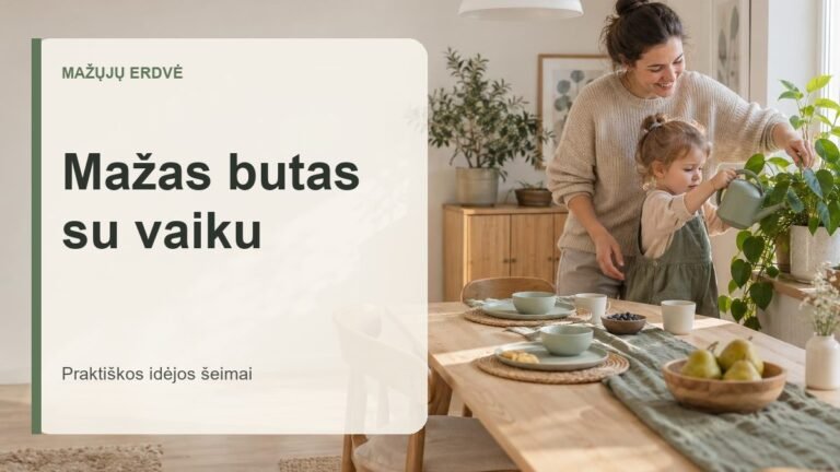 Mama ir vaikas kartu laisto augalą prie stalo šviesiame nedideliame bute