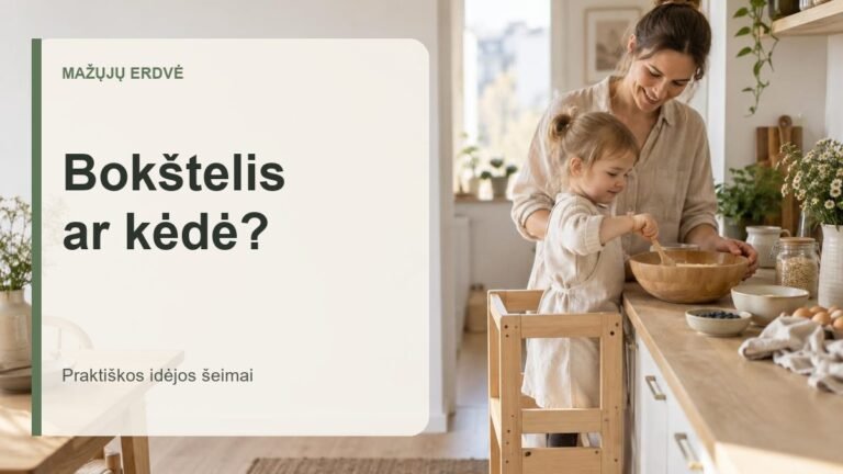 Mama prižiūri vaiką, stovintį mediniame mokymosi bokštelyje prie virtuvės stalviršio